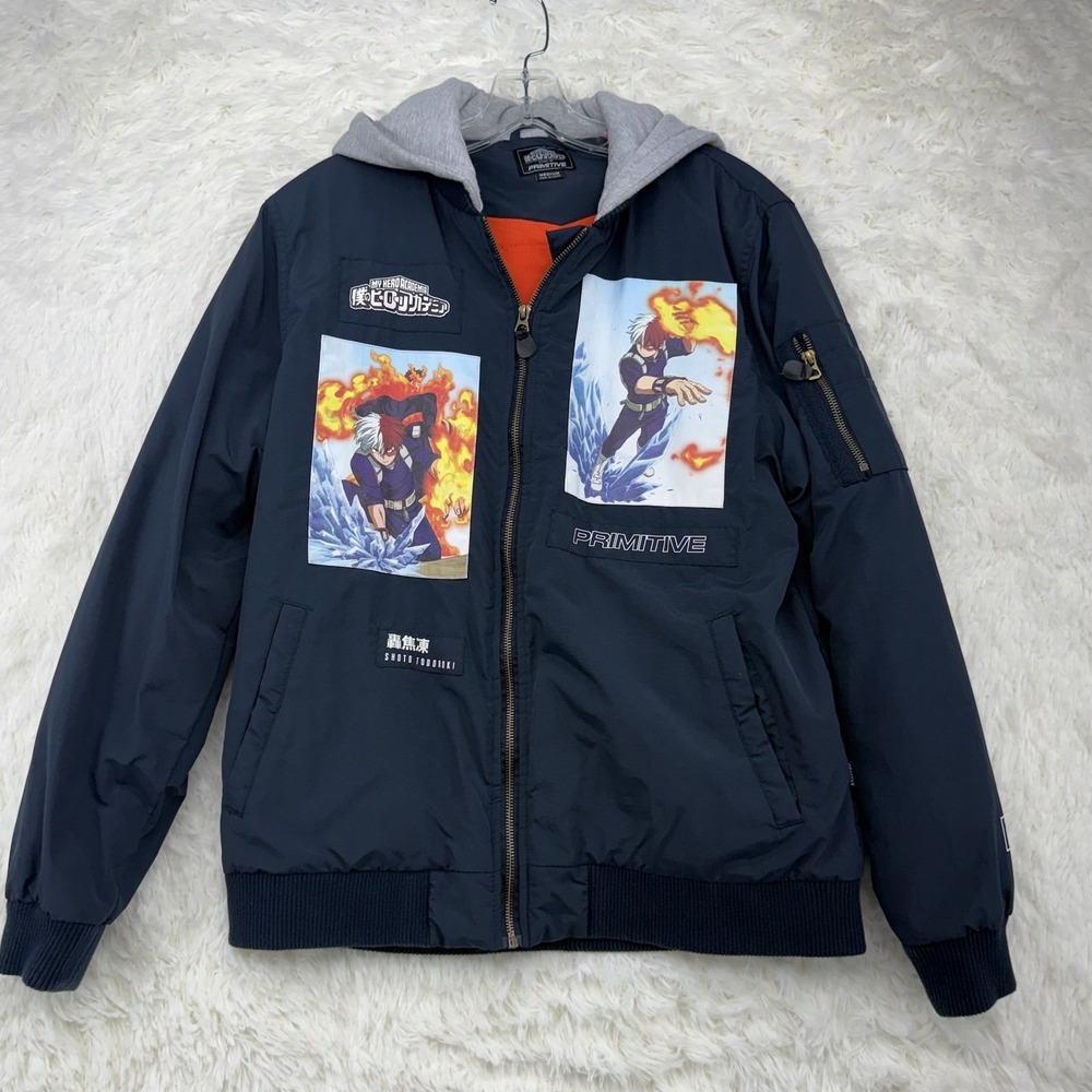 Primitive My Hero Academia Bomber Jacket Boys M Navy Orange Hooded Anime Zip